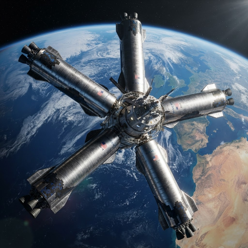 Five polished stainless-steel Starship vehicles docked radially around the Oakheart in low Earth orbit